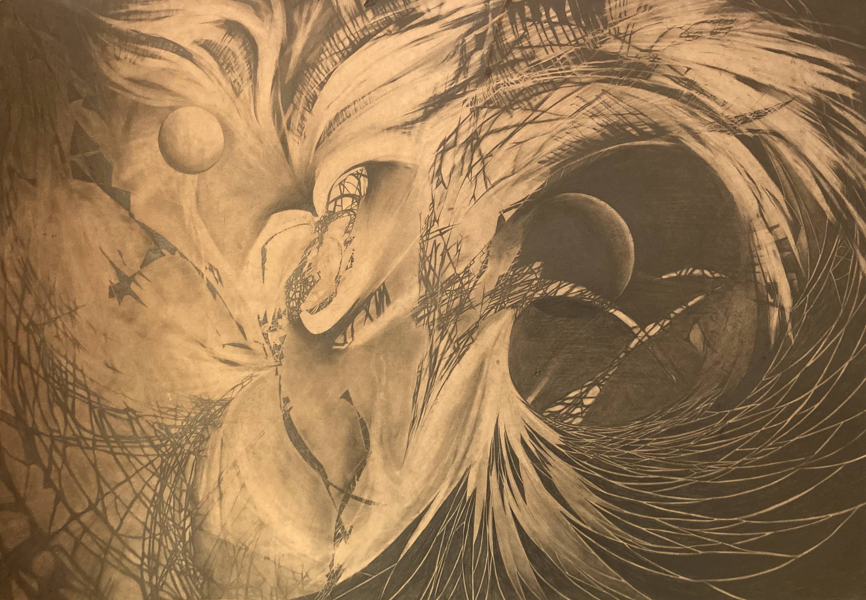 Large graphite drawing of swirling feather-like forms, two spheres and a dark vortex, by Sam
