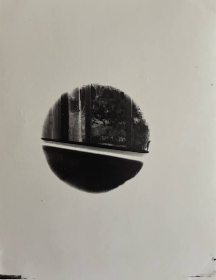 Pinhole photograph: a round view of a window and tree, cut by a dark half-circle below