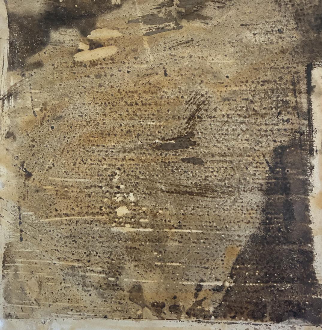 Test strip: pale sepia ground of fine dotted brush marks with dark edges